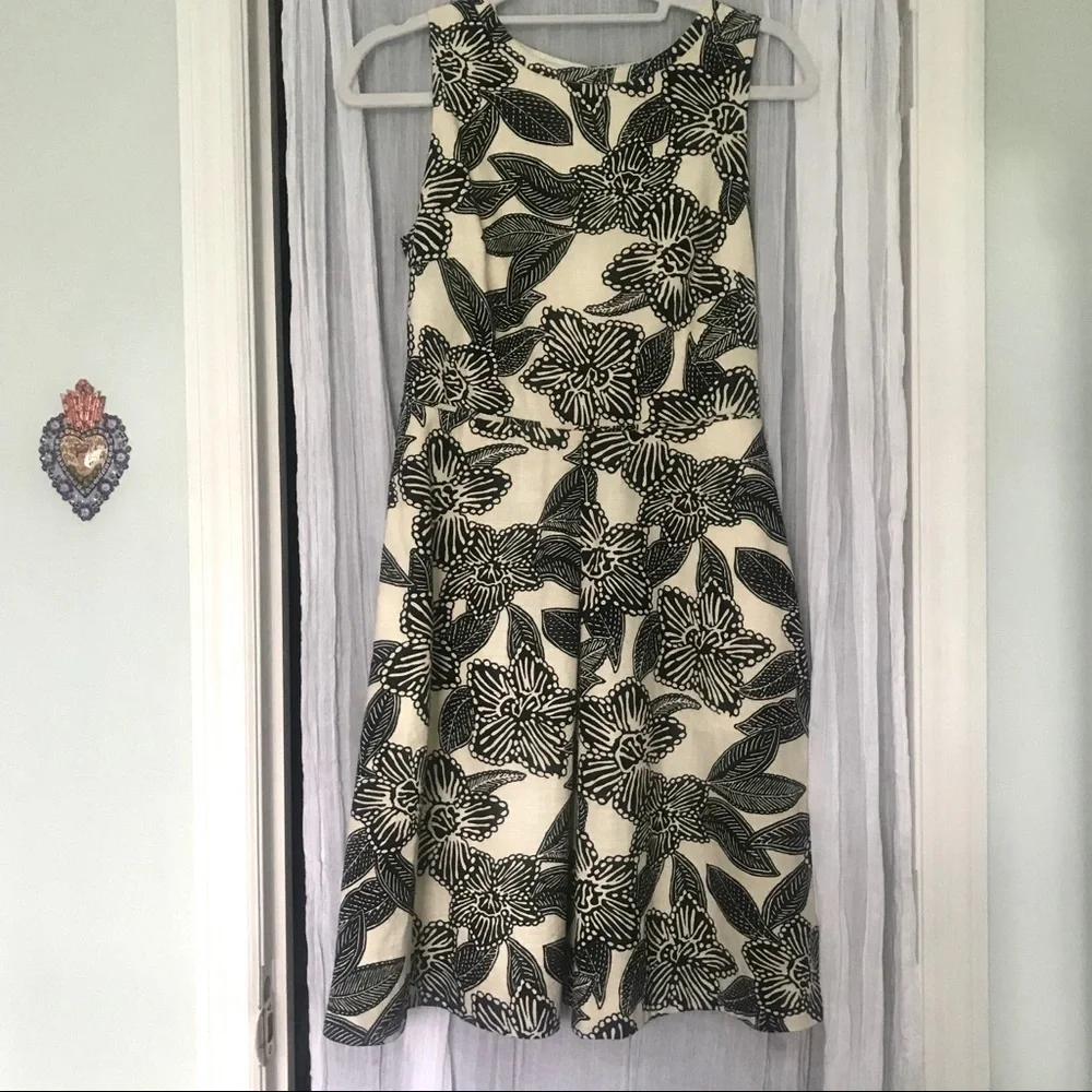 J. Crew Black and Cream Floral Sleeveless Fit-and-Flare Dress Size 2
